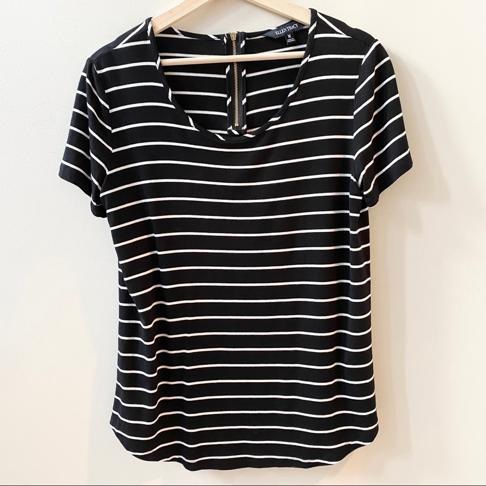 Ellen Tracy Striped T Shirt Black and White Medium